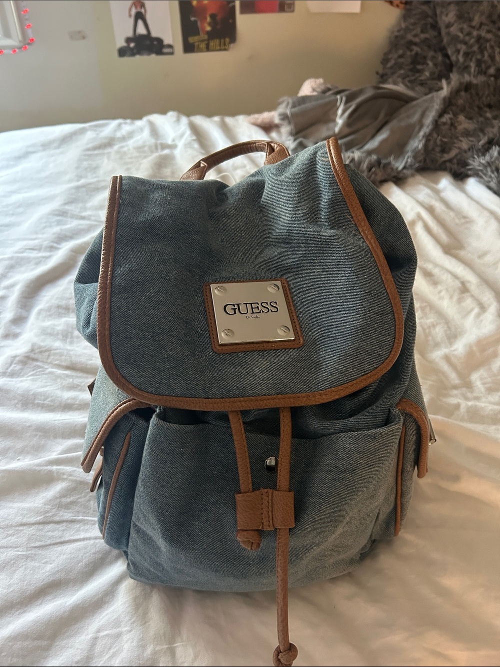 GUESS Blue Denim Backpack with Brown Trim